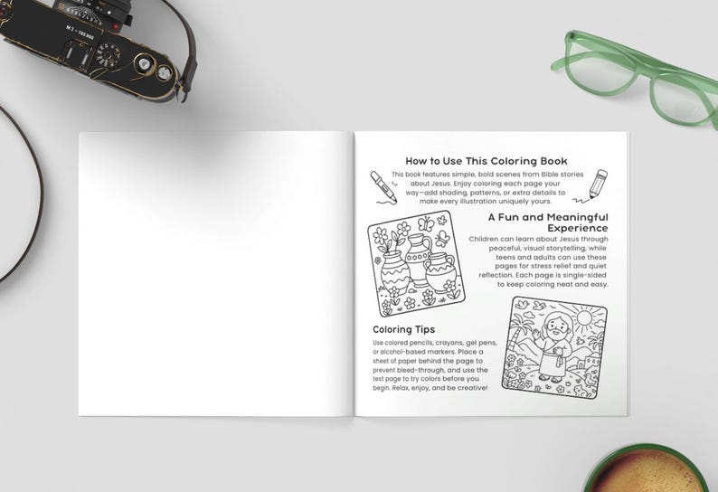 K&ouml;nnte beinhalten: Offenes Malbuch mit Illustrationen und Text. Der Text lautet &bdquo;So verwenden Sie dieses Malbuch&ldquo; und &bdquo;Eine unterhaltsame und sinnvolle Erfahrung&ldquo;. Das Buch zeigt einfache Szenen aus Bibelgeschichten &uuml;ber Jesus. Enth&auml;lt Maltipps.