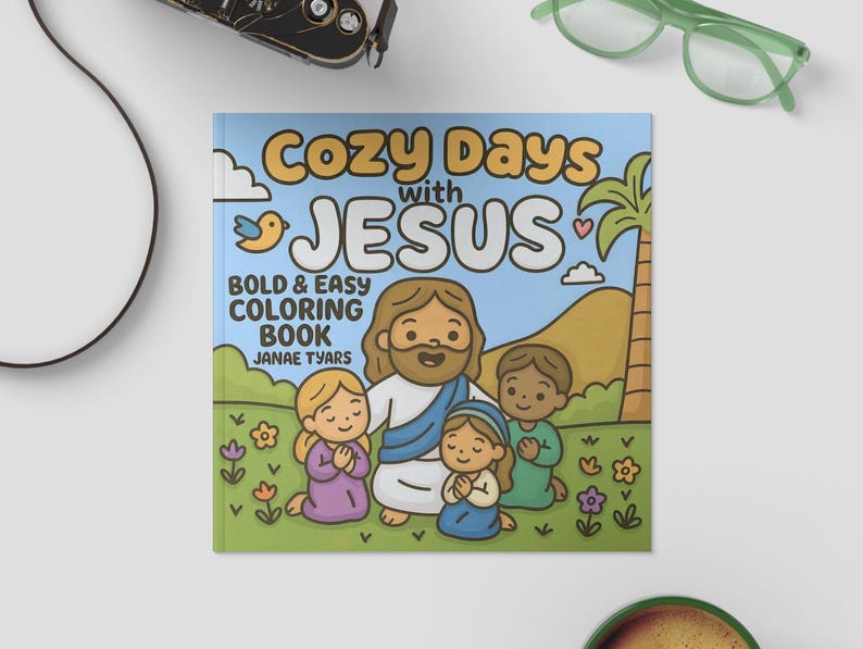 K&ouml;nnte beinhalten: Ein Malbuch f&uuml;r Kinder mit dem Titel "Cozy Days with Jesus" mit einer Cartoon-Illustration von Jesus und drei Kindern. Das Cover hat einen blauen Hintergrund mit dem Text "BOLD & EASY COLORING BOOK" und dem Namen des Autors. Das Bild enth&auml;lt einen Vogel, Blumen und eine Palme.