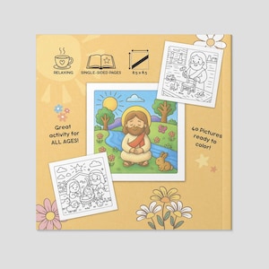 K&ouml;nnte beinhalten: Ein Malbuch mit gelbem Einband, das Illustrationen von Jesus und anderen religi&ouml;sen Szenen zeigt. Der Einband enth&auml;lt den Text "Great activity for ALL AGES!" und "40 Pictures ready to color!". Das Buch ist mit einseitigen Seiten gestaltet.