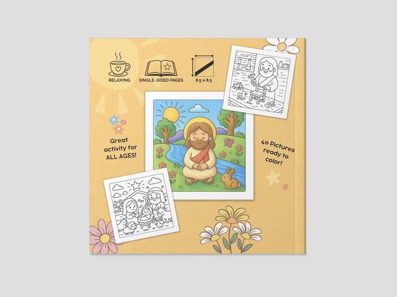 K&ouml;nnte beinhalten: Ein Malbuch mit gelbem Einband, das Illustrationen von Jesus und anderen religi&ouml;sen Szenen zeigt. Der Einband enth&auml;lt den Text "Great activity for ALL AGES!" und "40 Pictures ready to color!". Das Buch ist mit einseitigen Seiten gestaltet.