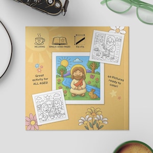 K&ouml;nnte beinhalten: Ein gelbes Malbuch mit Illustrationen von Jesus, einem Hasen und anderen Bildern. Das Buch enth&auml;lt den Text "Great activity for ALL AGES!" und "40 Pictures ready to color!"