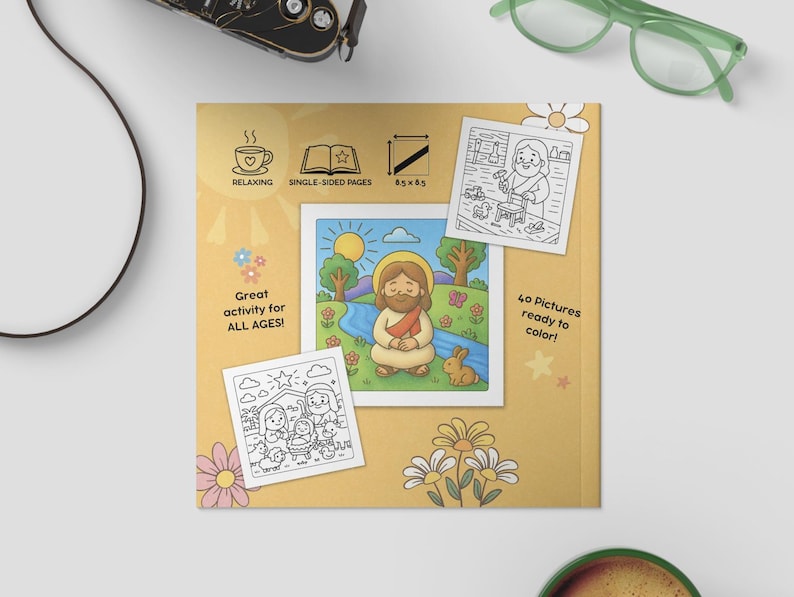K&ouml;nnte beinhalten: Ein gelbes Malbuch mit Illustrationen von Jesus, einem Hasen und anderen Bildern. Das Buch enth&auml;lt den Text "Great activity for ALL AGES!" und "40 Pictures ready to color!"