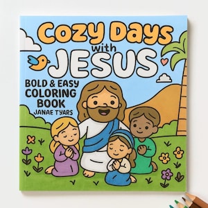 K&ouml;nnte beinhalten: Ein Malbuch f&uuml;r Kinder mit dem Titel "Cozy Days with Jesus". Das Cover zeigt eine Cartoon-Illustration von Jesus und Kindern vor blauem Himmel. Der Titel ist in Orange und Wei&szlig; gehalten, das Buch ist zum einfachen Ausmalen gedacht.