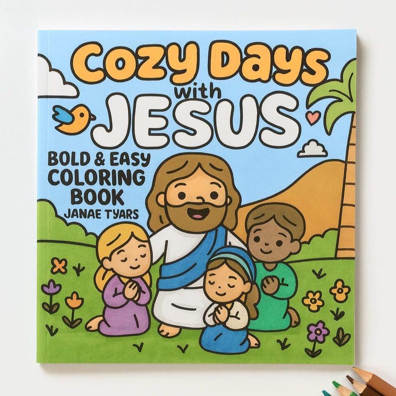 K&ouml;nnte beinhalten: Ein Malbuch f&uuml;r Kinder mit dem Titel "Cozy Days with Jesus". Das Cover zeigt eine Cartoon-Illustration von Jesus und Kindern vor blauem Himmel. Der Titel ist in Orange und Wei&szlig; gehalten, das Buch ist zum einfachen Ausmalen gedacht.