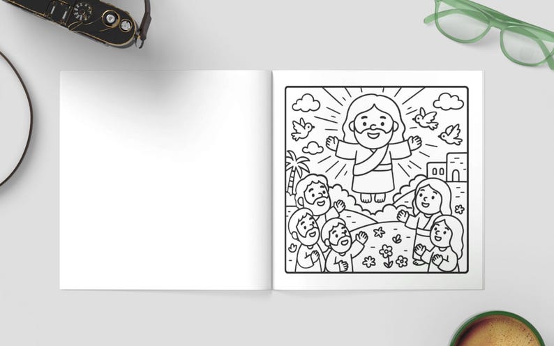 K&ouml;nnte beinhalten: Ein Malbuch, das auf einer Seite mit einer Schwarz-Wei&szlig;-Illustration einer religi&ouml;sen Szene ge&ouml;ffnet ist. Das Bild zeigt eine Figur mit ausgestreckten Armen, umgeben von Menschen, V&ouml;geln und einem Geb&auml;ude. Die gegen&uuml;berliegende Seite ist leer.