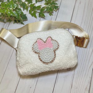 Fanny Pack, Teddy Sherpa Fleece Belt Bag: Minnie Mouse Patch Fanny Pack
