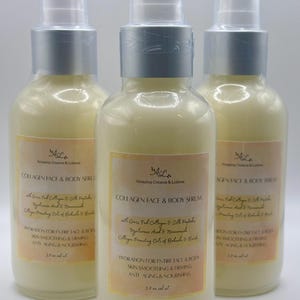 May include: Three glass bottles of Collagen Face & Body Serum with silver pump tops. Each bottle has a cream-colored liquid and a label with text. The labels include the brand name, product name, and ingredients. Each bottle contains 3.7 fl oz.