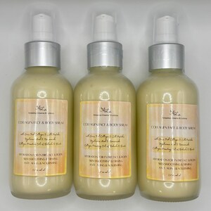 May include: Three bottles of Collagen Face & Body Serum with silver pump tops. Each bottle has a cream-colored liquid and a label with text including "Collagen Face & Body Serum" and "Hydration for entire face & body".