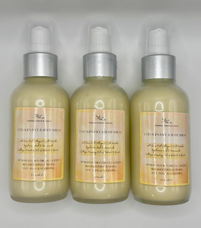 May include: Three bottles of Collagen Face & Body Serum with silver pump tops. Each bottle has a cream-colored liquid and a label with text including "Collagen Face & Body Serum" and "Hydration for entire face & body".