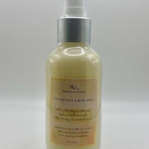 May include: A clear glass bottle of Collagen Face & Body Serum with a silver pump top. The label includes text about ingredients and benefits, such as skin smoothing and anti-aging. The bottle contains 3.7 fl oz of product.