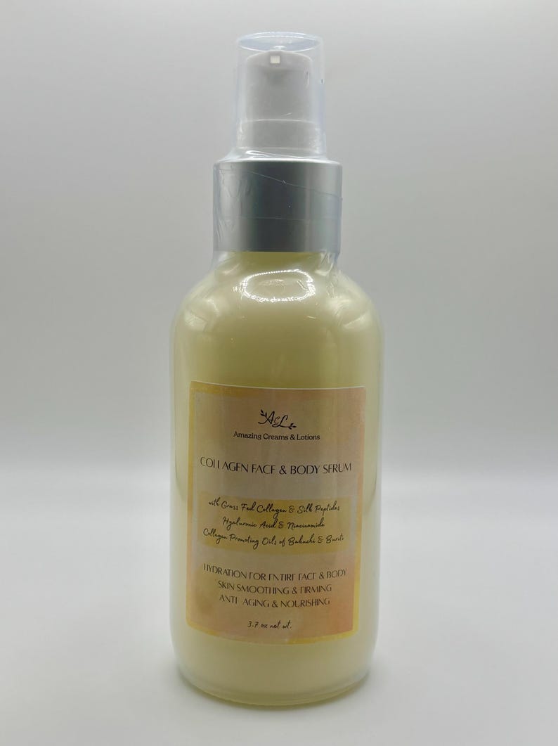 May include: A clear glass bottle of Collagen Face & Body Serum with a silver pump top. The label includes text about ingredients and benefits, such as skin smoothing and anti-aging. The bottle contains 3.7 fl oz of product.