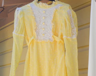 1970s Juliette sleeve prairie dress gown yellow polka dots vintage