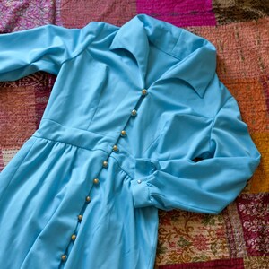 1970s Long Cuffed Sleeve Light Blue Aqua Maxi Dress with Gold Buttons Floor Length