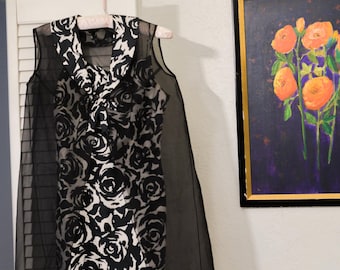 1960s cocktail dress and sheer vest set black white roses xs vintage retro