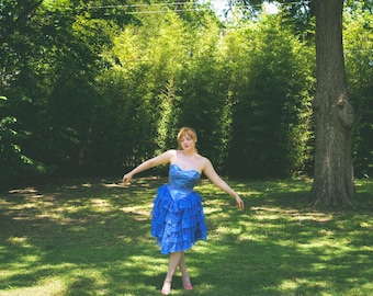 1980s royal blue basque waist party prom dress lace skirt peacock design rhinestone