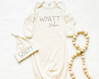 Girls Unisex Boys Silky Knotted Baby Gown with Knotted Hat Infant Sleeper-Personalized with Name-Star and Arrow