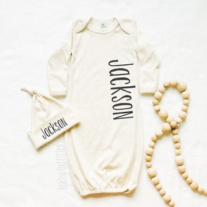 Baby Boy Girl Personalized Coming Home Outfit, Unisex Baby Gown Set with Name, Baby Sleeper Gown with Name, Knot Hat, Hospital Baby Outfit