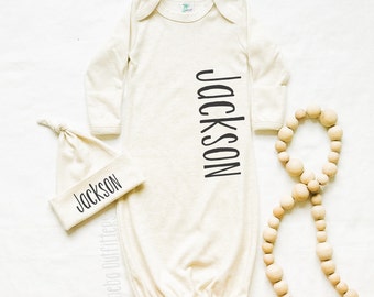 Baby Boy Girl Personalized Coming Home Outfit, Unisex Baby Gown Set with Name, Baby Sleeper Gown with Name, Knot Hat, Hospital Baby Outfit