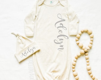 Newborn Coming Home Outfit, Personalized Baby Girl Gown Set with Knotted Hat, Baby Sleeper Gown with Name, Newborn Gown Personalized, Gift