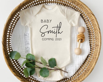 Custom Baby Announcement ONESIE®,  Personalized Pregnancy Reveal ONESIE®, Personalized Last Name Onesie, Baby Shower Gift, Baby Announcement