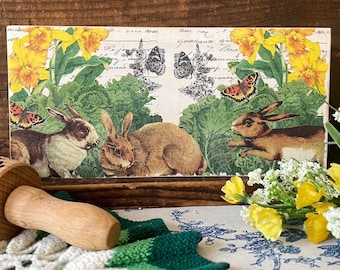 Easter - Vintage Look Bunny Shelf Sign - Wood Shelf Sitter - Bunnies and Daffodils