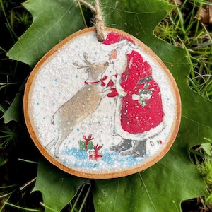 Santa and Reindeer Wood Ornament