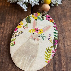 Easter Egg  Wood Ornament - Decoupaged - Bunny with Flowers
