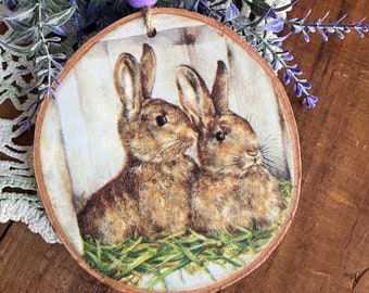 Easter - Barnyard Bunnies Wood Slice Ornament - Decoupage