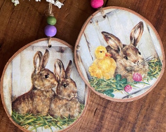 Easter - Set of Two Bunnies and Duckling Wood Slice Ornaments - Decoupage