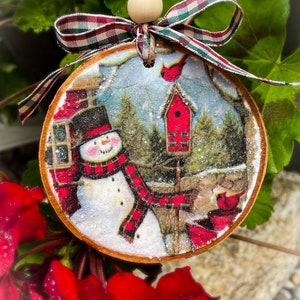 Snowman Decoupaged Wood Slice Ornament