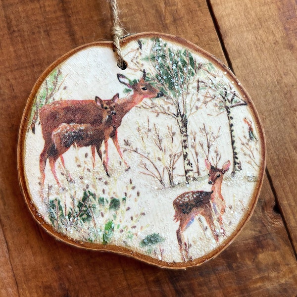 Woodland Deer Wood Slice Ornament - Decoupaged Ornament