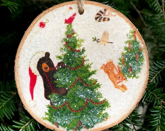 Christmas Decoupaged Wood Slice  Ornament