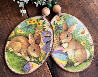 Easter Egg Ornaments - Set of Two Decoupaged Wood Bunny Cutout Ornaments