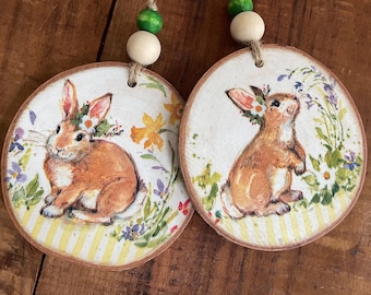 Easter - Easter Decor - Easter Ornaments - Set of Two Bunny Ornaments - Wood Slice Ornaments