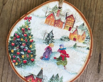 Decoupaged Christmas Village Wood Ornament