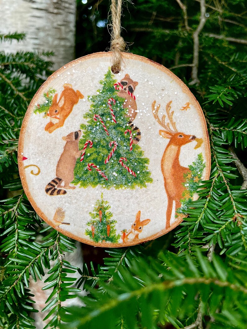 Set of 4 Christmas Decoupaged Wood Slice Ornaments Etsy