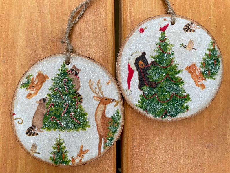 Set of 4 Christmas Decoupaged Wood Slice Ornaments Etsy