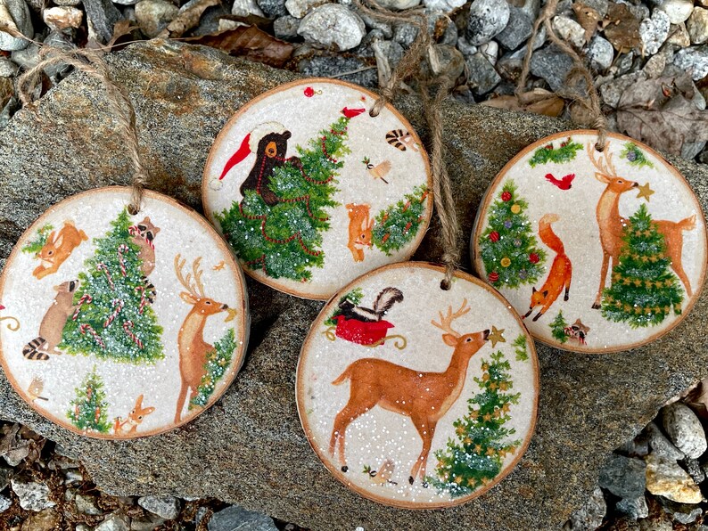 Set of 4 Christmas Decoupaged Wood Slice Ornaments Etsy