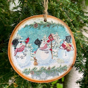 Decoupaged  Wood Slice Ornament -Jolly Snowmen
