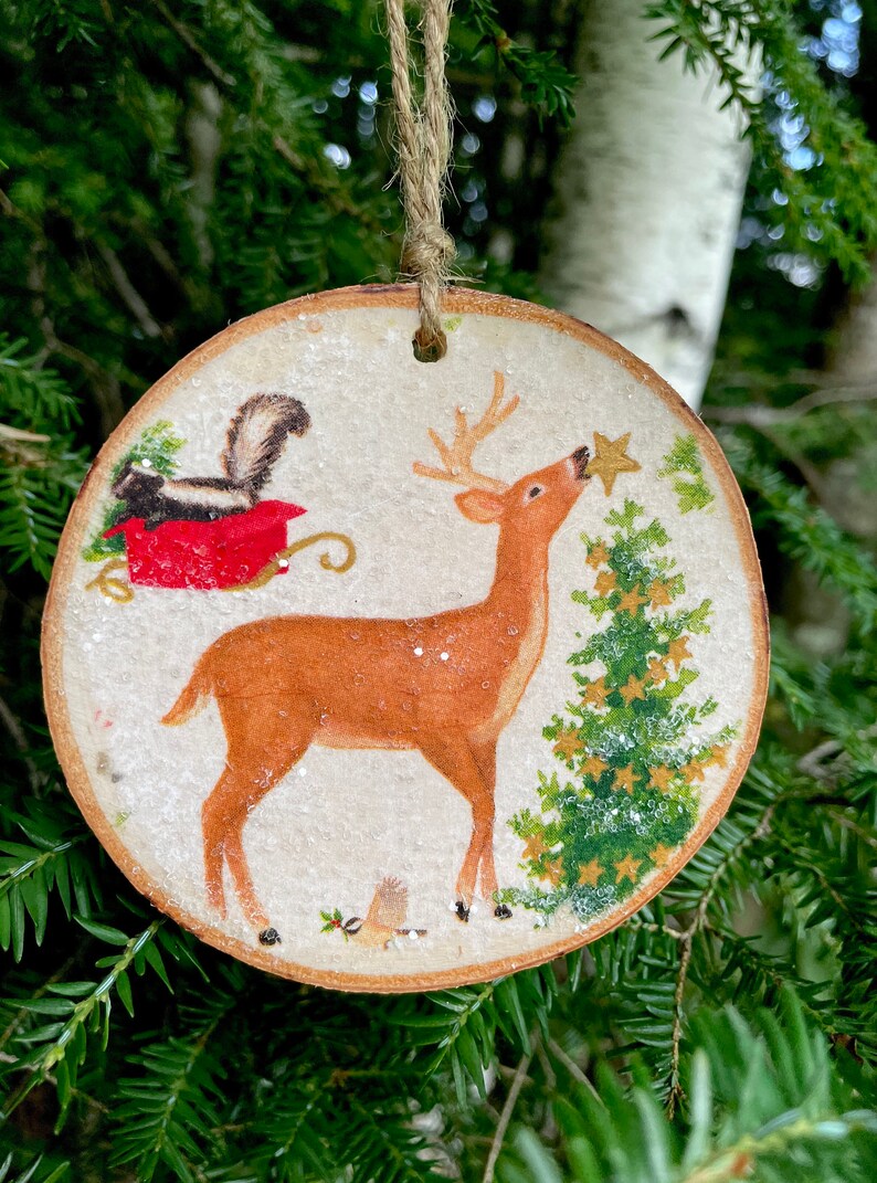 Set of 4 Christmas Decoupaged Wood Slice Ornaments Etsy