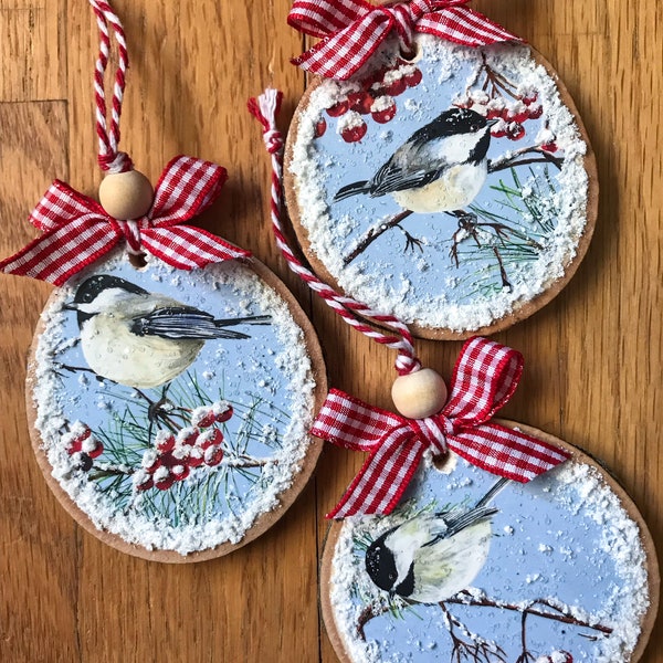 Winter Chickadees Wood Slice Ornament Set - Christmas - Decoupaged Ornaments