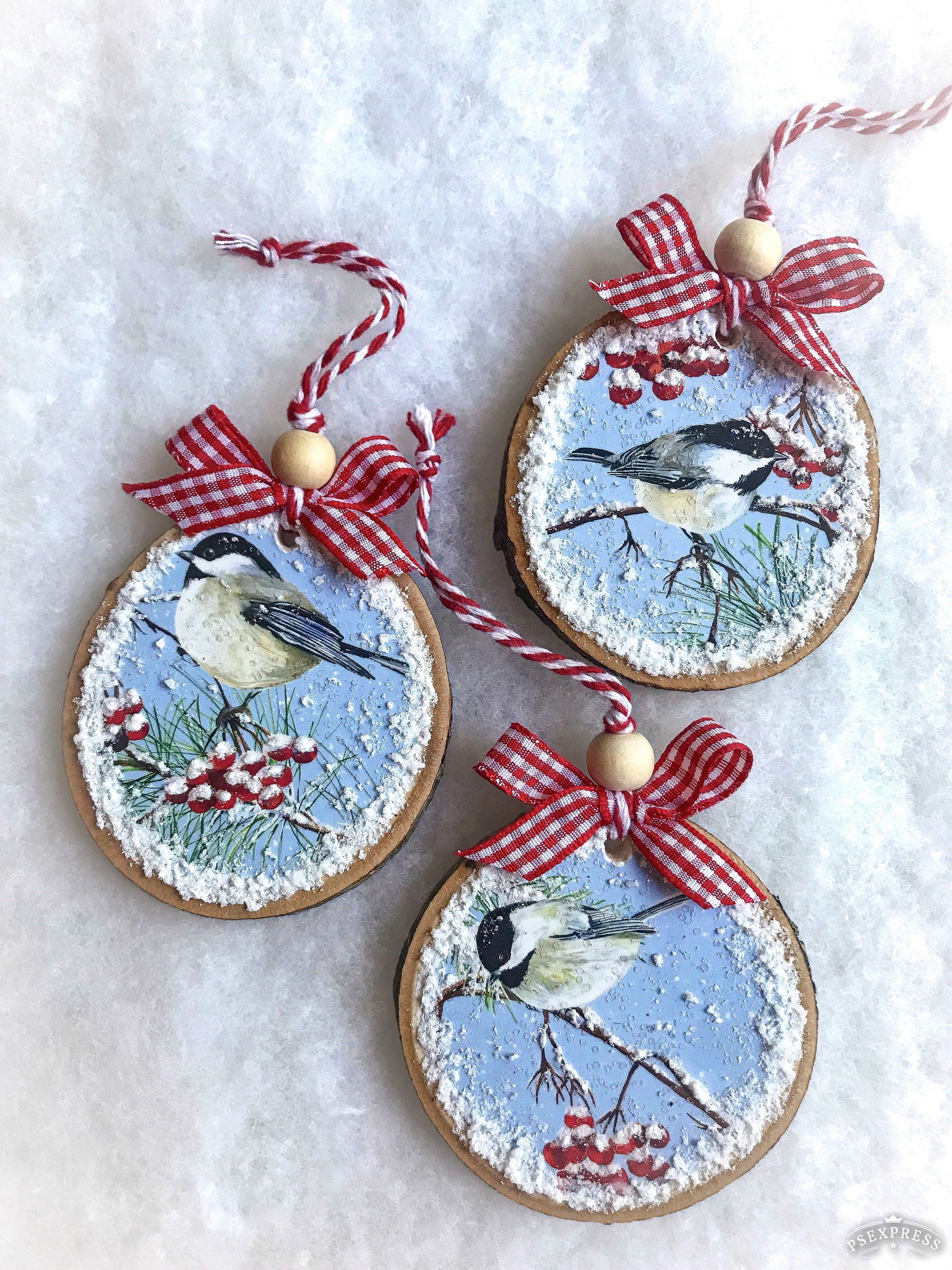 Winter Chickadees Wood Slice Ornament Set Christmas Decoupaged Ornaments 