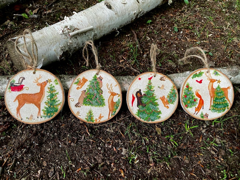 Set of 4 Christmas Decoupaged Wood Slice Ornaments Etsy