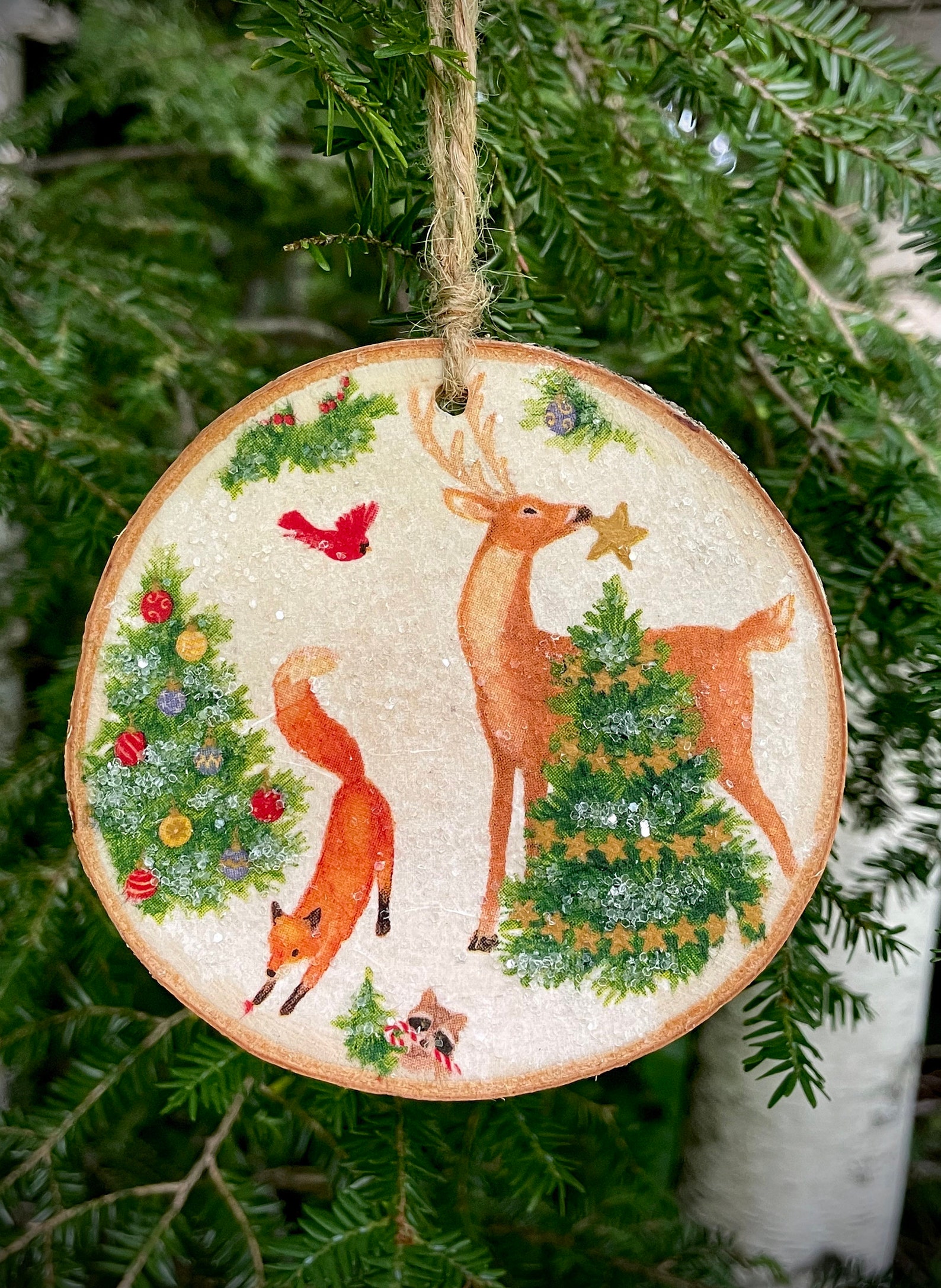 Set of 4 Christmas Decoupaged Wood Slice Ornaments Etsy