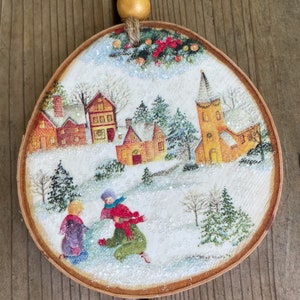 Christmas Winter Village Children Making Snowman Ornament