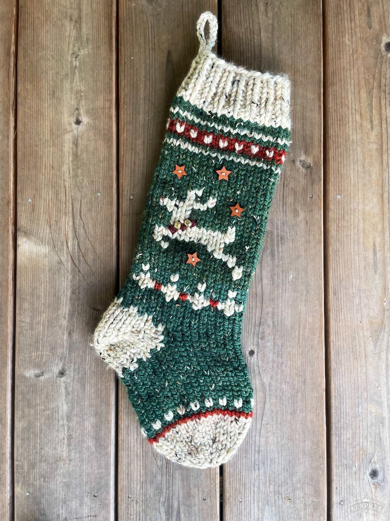 Made to Order Hand Knit Christmas Stocking Bulky Knit Reindeer Stocking image 1