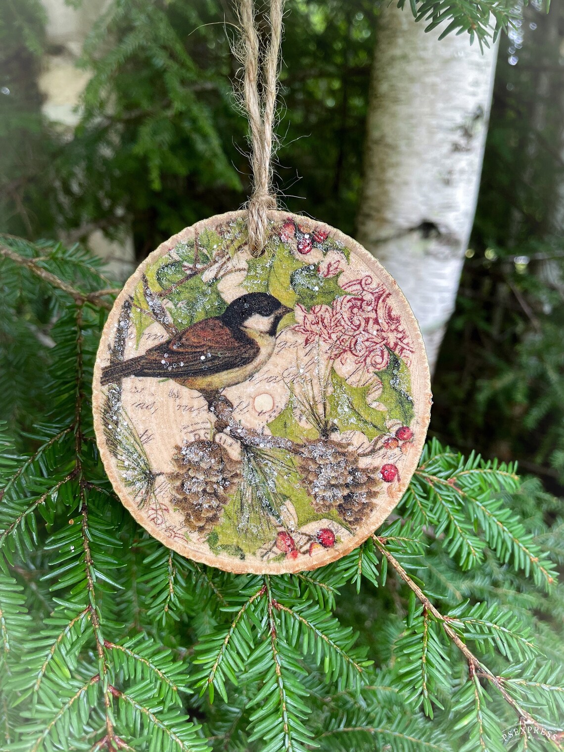 Chickadee Decoupaged Wood Slice Ornament Etsy