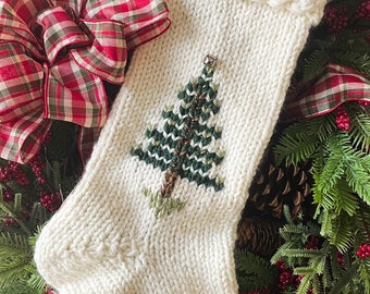 Made to Order - Chunky Hand Knit White Stocking with Tree