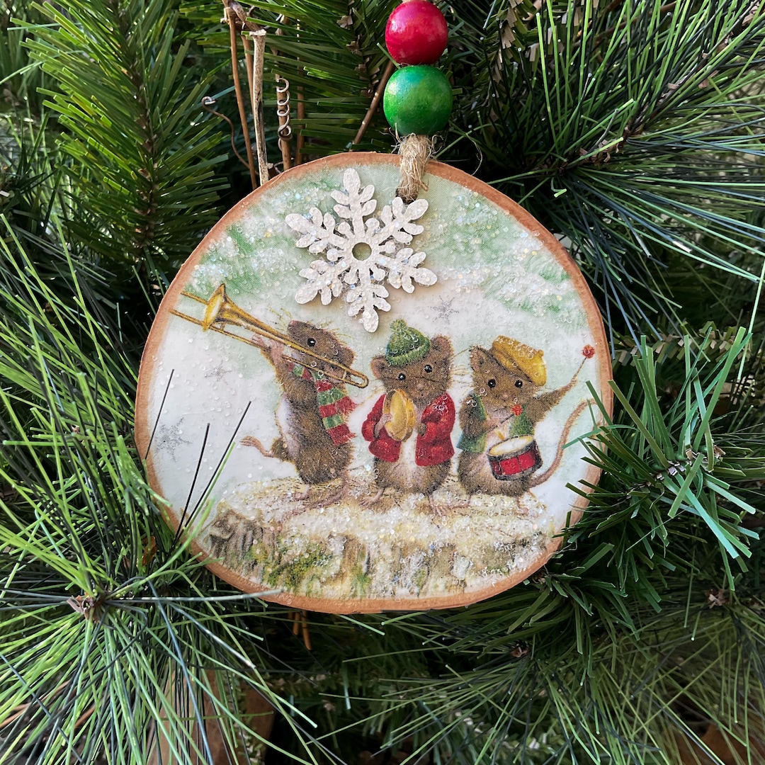 Three Musical Mice Ensemble - Natural Wood Slice Ornament - Decoupaged ...