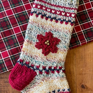 Made to Order - Hand Knit Red Snowflake Christmas Stocking - Bulky Knit Stocking